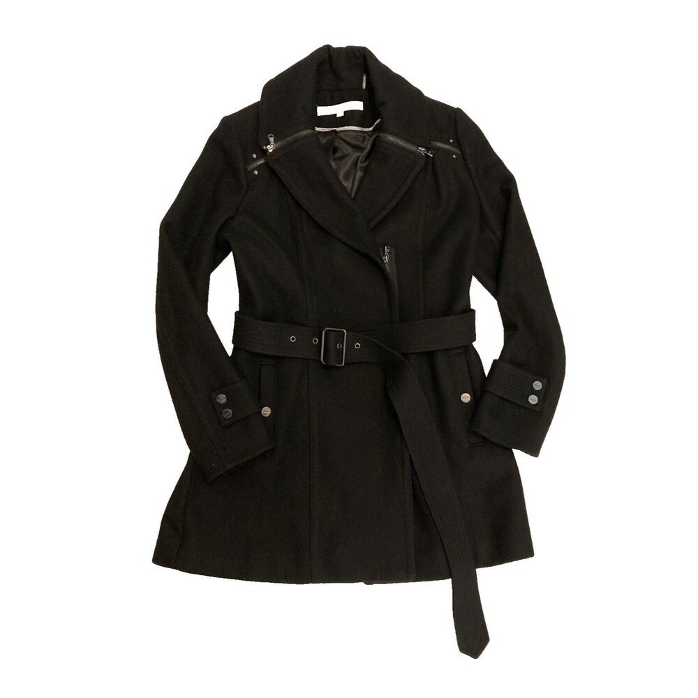 Kenneth Cole Women’s Size 8 Black Wool Blend Belted Coat Full Zip Winter